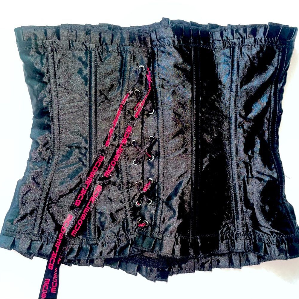Burlesque Corset Black Satin Lace Up Ribbed Ruffle Fairy